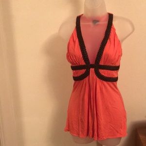 Sky Peach sleeveless shirt with brown leather